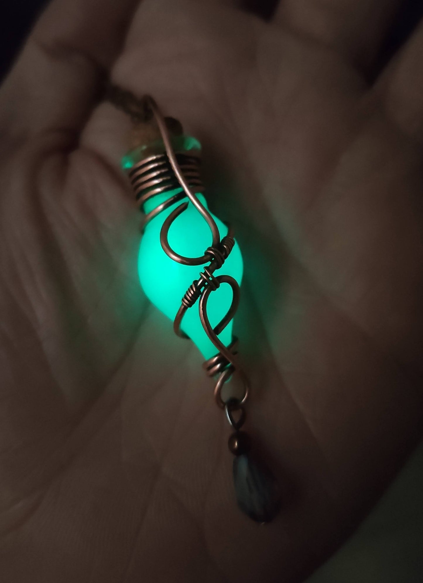 enchanted green potion bottle necklace handmade magic vial jewelry glowing in the dark
