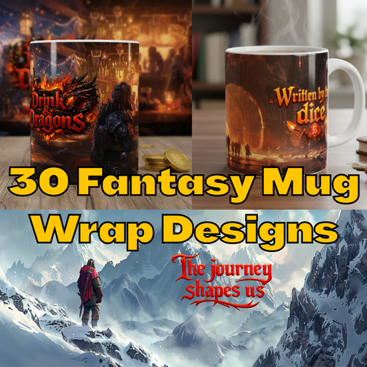 30 Fantasy Mug Wrap Designs – Panorama Mug Sublimation Bundle – Instant Download