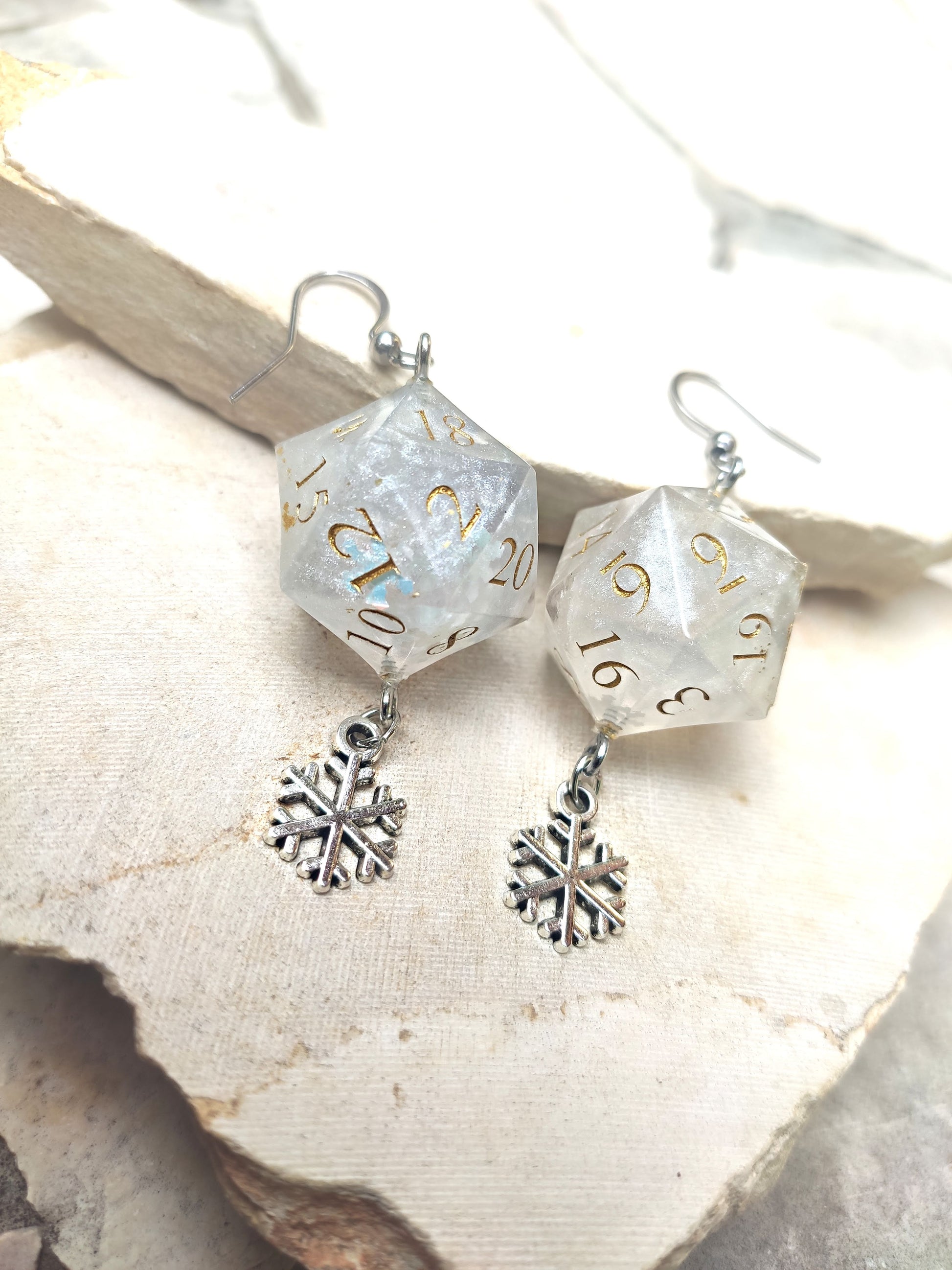 Fantasy dice earrings with snowflakes, unique RPG jewelry accessory