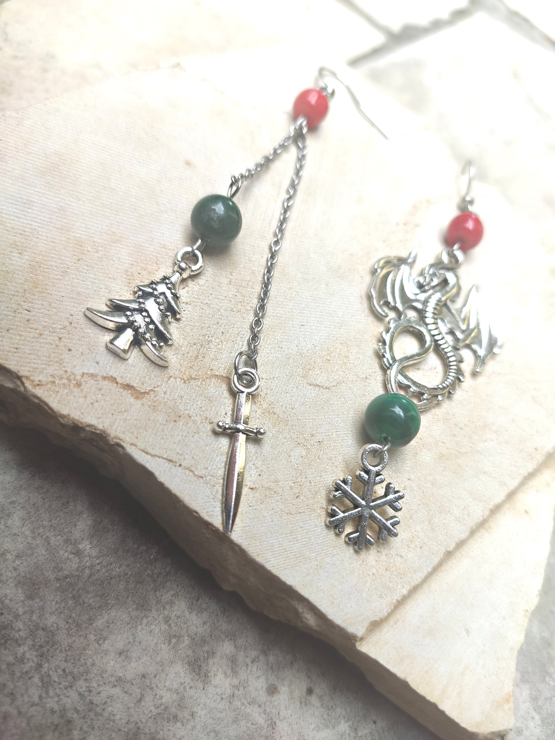 Handcrafted dragon earrings, Christmas or holiday themed dangle jewelry