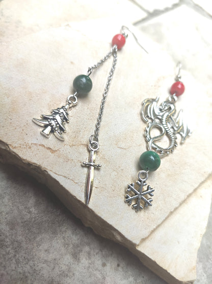 Handcrafted dragon earrings, Christmas or holiday themed dangle jewelry