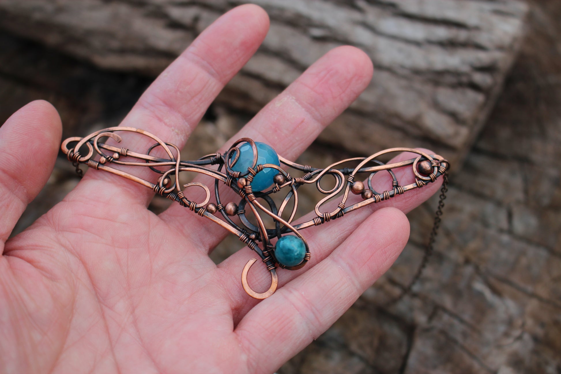Fantasy inspired handmade amulet jewelry with copper wire wrapping