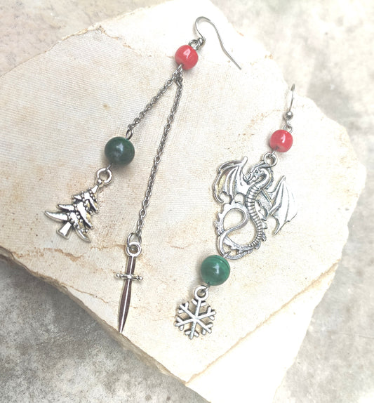 Fantasy dragon earrings in festive setting, handmade dangle jewelry