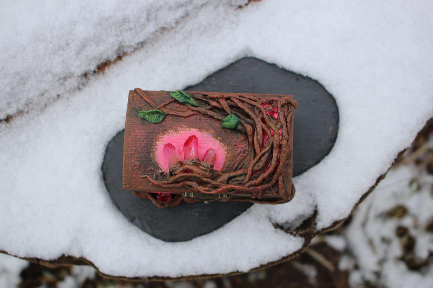 Fantasy Wooden Box with Crystal Decoration