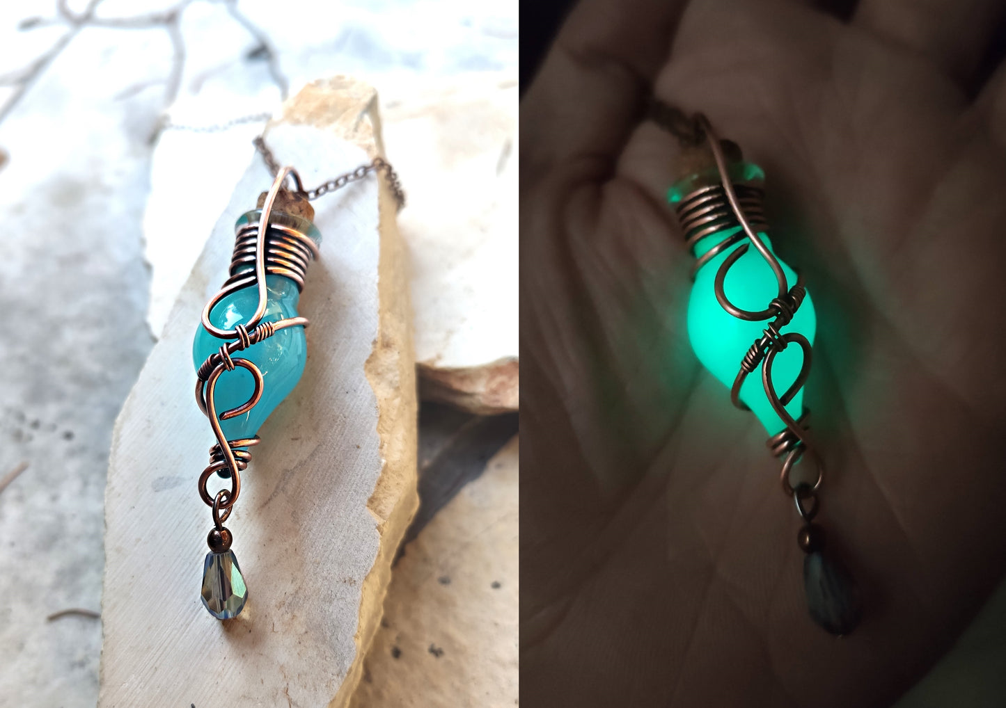 glow-in-the-dark potion bottle necklace magical green light fantasy jewelry