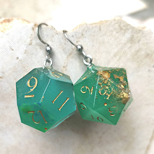 Handmade green D20 and D12 dice earrings inspired by fantasy and RPG worlds