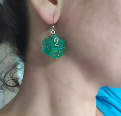 Unique handmade D20 and D12 earrings with magical fantasy design
