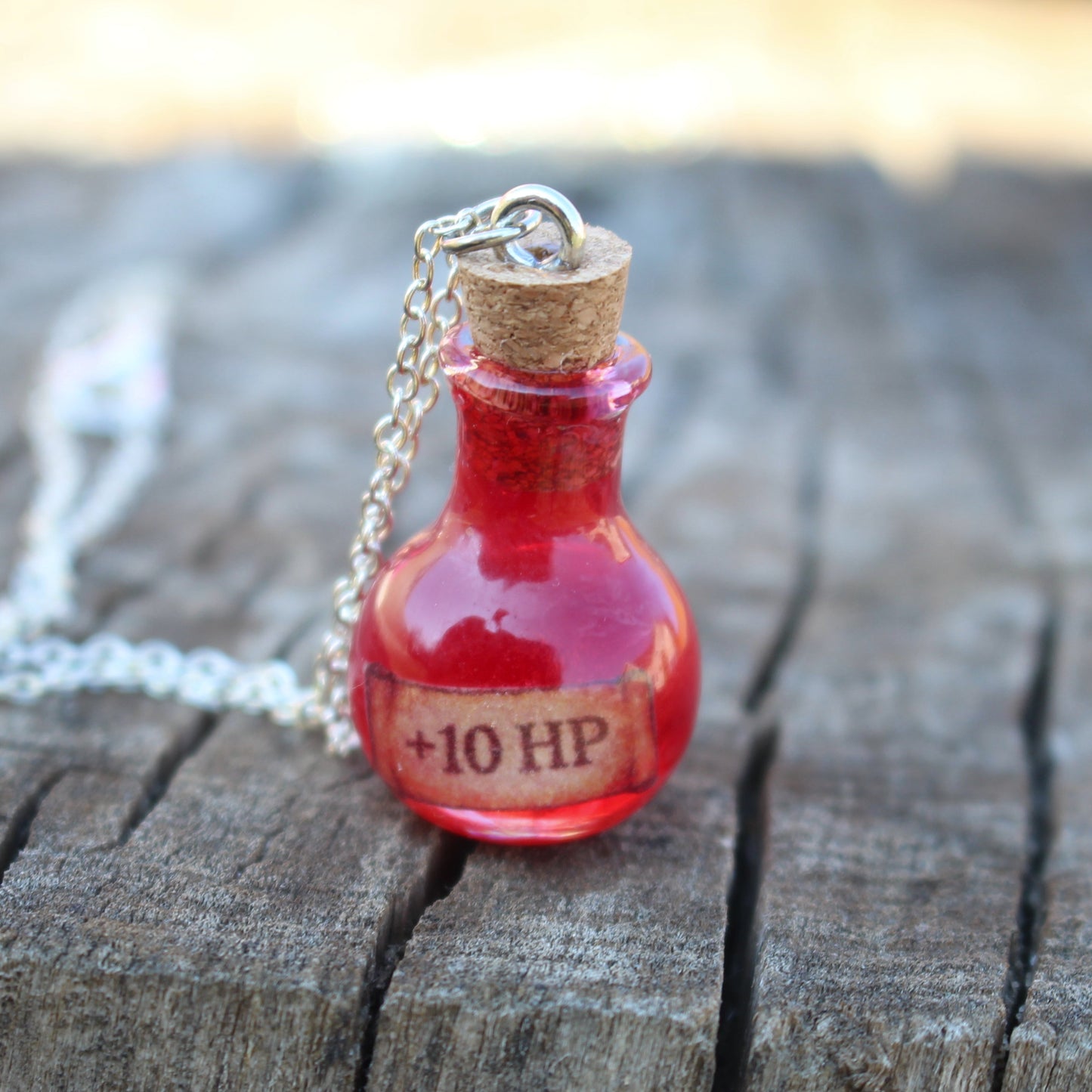 HP Healing Potion necklace, glowing vial pendant on sterling silver chain