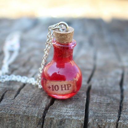 HP Healing Potion necklace, glowing vial pendant on sterling silver chain