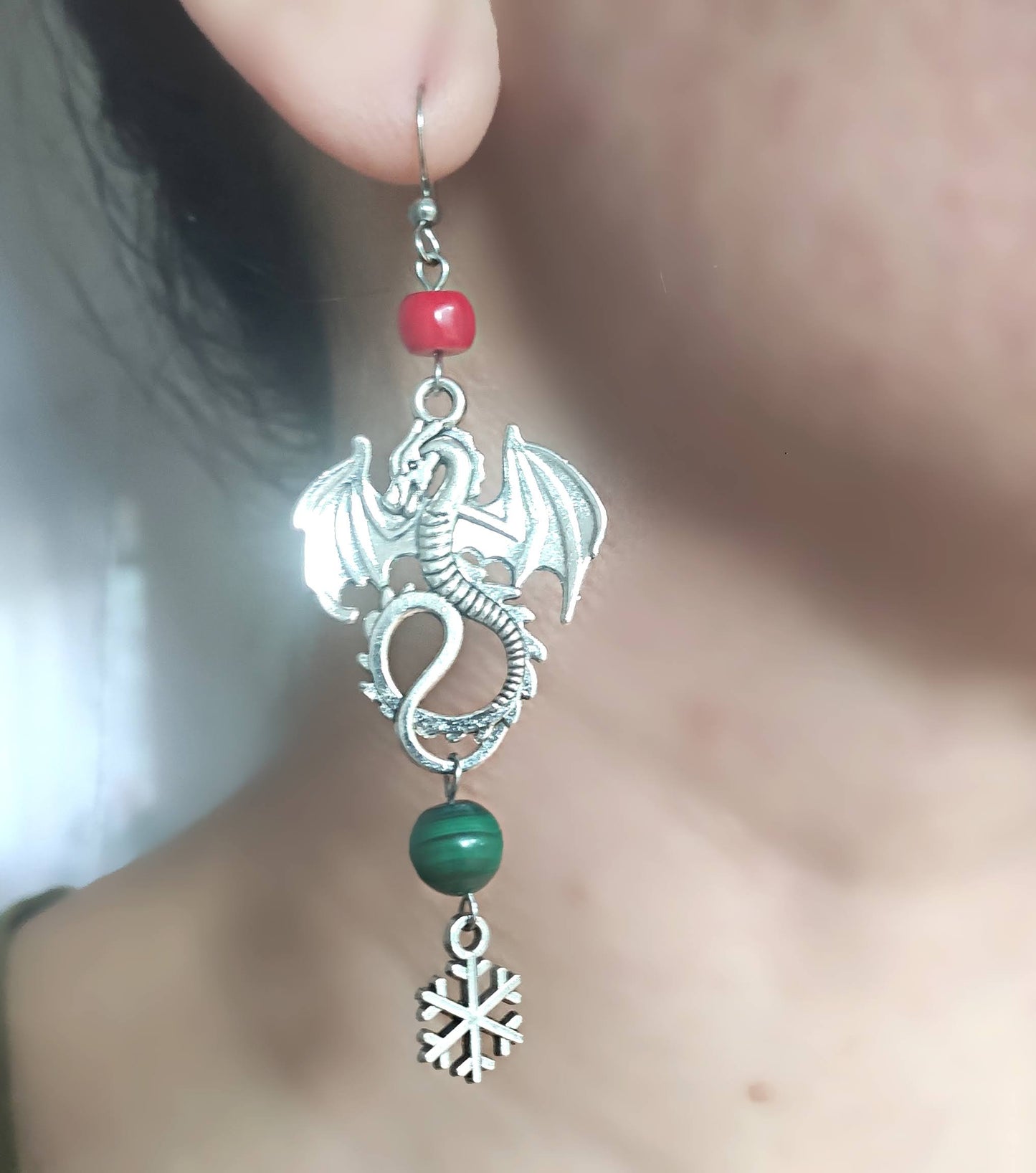 Unique fantasy dragon drop earrings, handcrafted with gemstone details