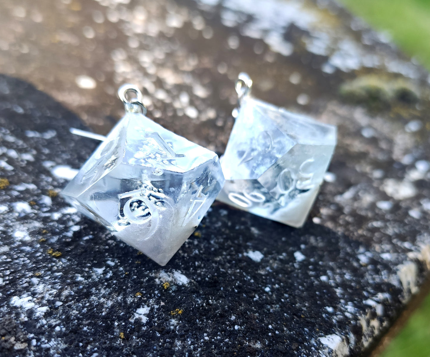 Handmade ice dice D10 earrings inspired by fantasy and role playing games
