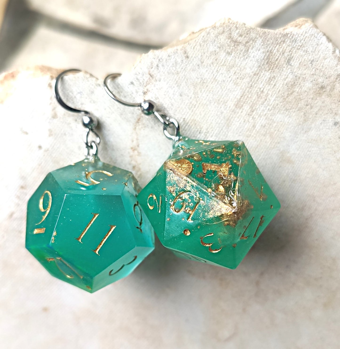 Magical fantasy dice earrings, D20 and D12 design for RPG enthusiasts