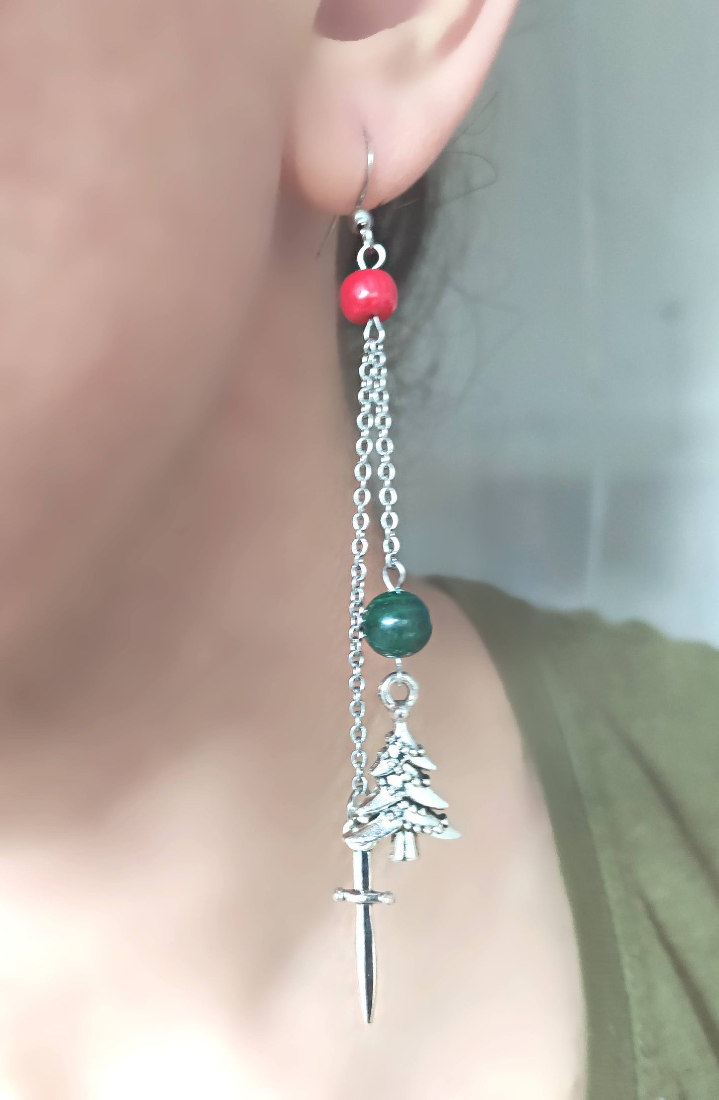 Artisan dragon earrings, malachite and coral beads, holiday gift idea