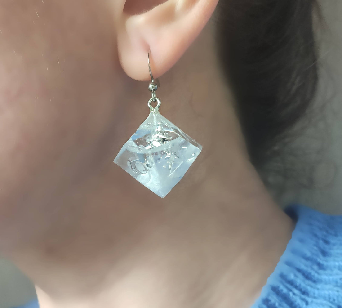 Unique fantasy earrings made from translucent D10 dice