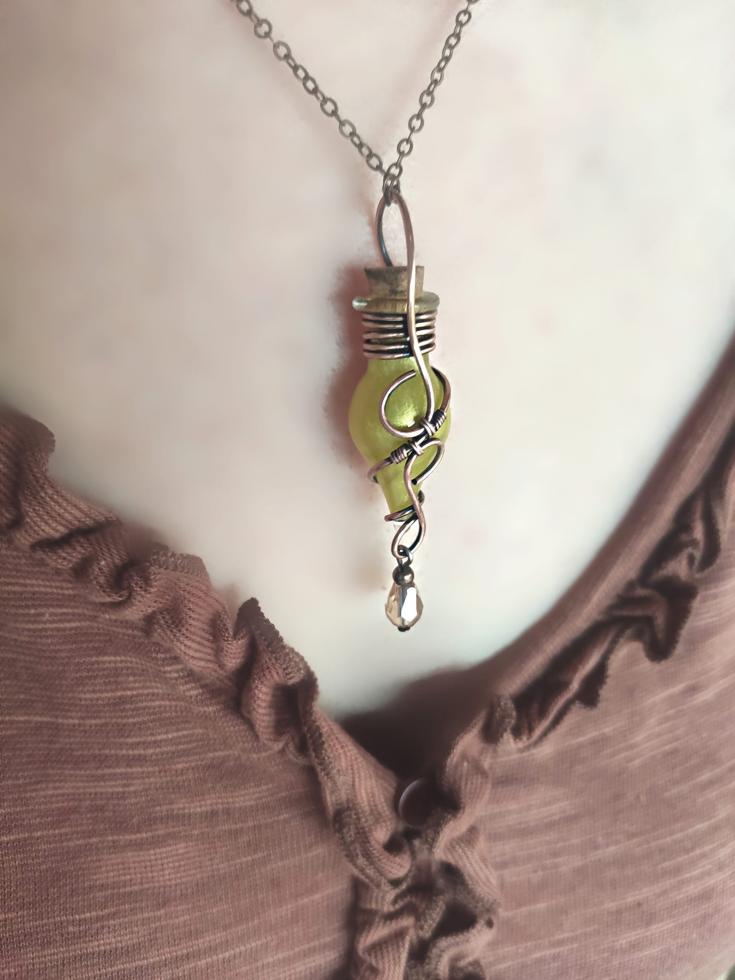 fantasy yellow potion bottle necklace with crystal magical vial pendant for RPG and LARP