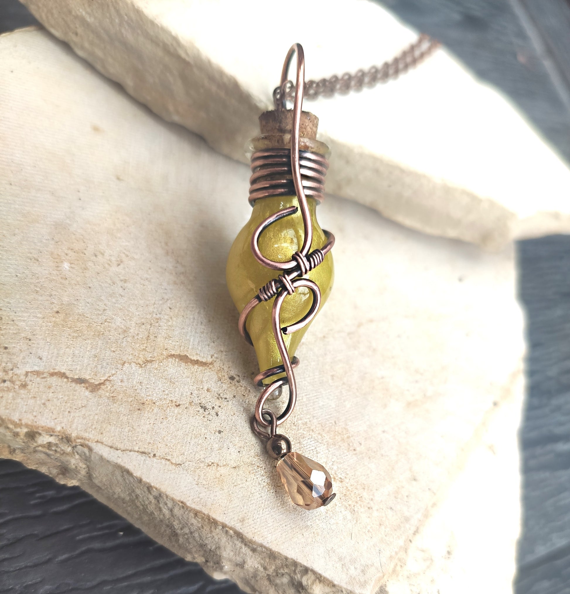 yellow magic potion bottle necklace with crystal fantasy jewelry for magical worlds lovers